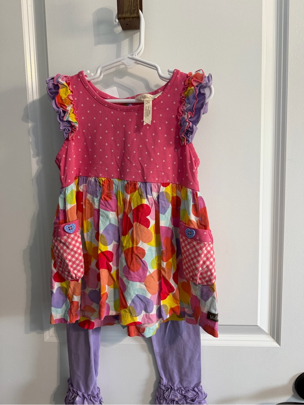 Matilda Jane Girls' Pink Heart-Print Ruffle Top with  Lavender Leggings
